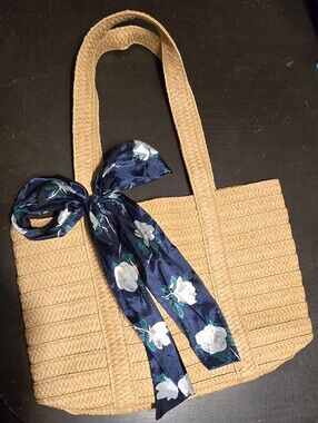 Draper James Woven Straw Tote Bag with Navy Floral Scarf